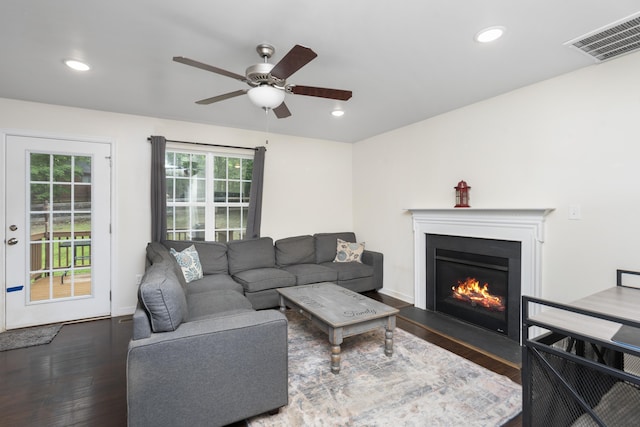 10 Zephyr Rd, Palmyra, VA 22963 - living area with wood finished floors, a ceiling fan, a glass covered fireplace, recessed lighting, and baseboards