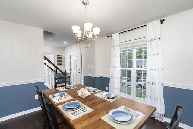 10 Zephyr Rd, Palmyra, VA 22963 - dining room featuring a chandelier, wood finished floors, stairs, and baseboards