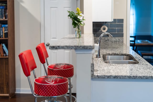10 Zephyr Rd, Palmyra, VA 22963 - kitchen featuring a sink, white cabinetry, light stone countertops, decorative backsplash, and dark wood-style floors