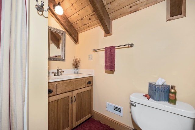 945 Neese Ln, New Market, VA 22844 - bathroom with toilet, lofted ceiling with beams, visible vents, wooden ceiling, and vanity