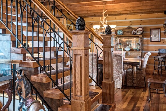 945 Neese Ln, New Market, VA 22844 - staircase with wood-type flooring, wooden ceiling, wooden walls, and a chandelier