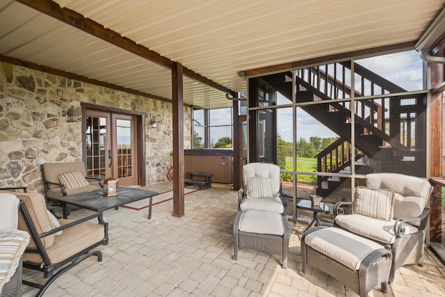 945 Neese Ln, New Market, VA 22844 - view of patio / terrace with a hot tub, stairway, and french doors