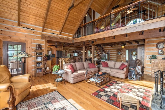 945 Neese Ln, New Market, VA 22844 - living area featuring wood ceiling, wood-type flooring, high vaulted ceiling, beam ceiling, and wooden walls