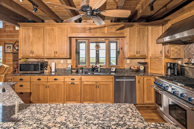 945 Neese Ln, New Market, VA 22844 - kitchen featuring appliances with stainless steel finishes, wall chimney range hood, wood finished floors, a wood ceiling with exposed beams, and a ceiling fan
