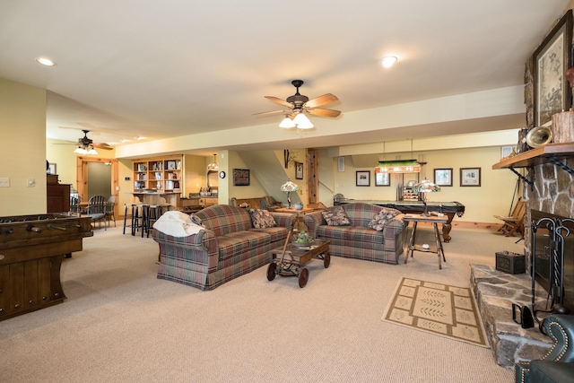 945 Neese Ln, New Market, VA 22844 - living area featuring a ceiling fan, a fireplace, recessed lighting, and carpet