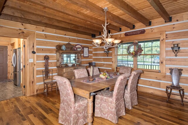 945 Neese Ln, New Market, VA 22844 - dining space with wood-type flooring, beam ceiling, wooden walls, wooden ceiling, and a chandelier