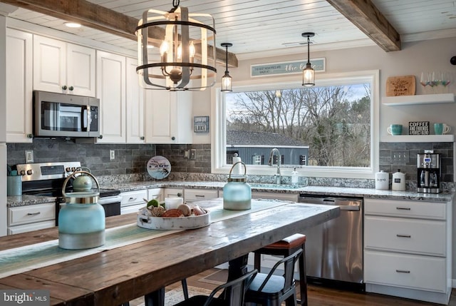 kitchen featuring a sink, white cabinetry, appliances with stainless steel finishes, backsplash, and beam ceiling