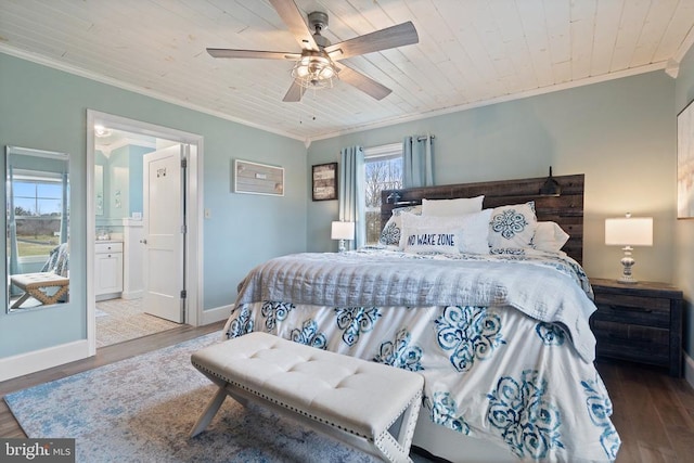 bedroom with wooden ceiling, crown molding, baseboards, and wood finished floors