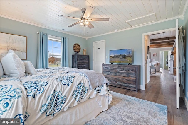 bedroom featuring ornamental molding, wood ceiling, ceiling fan, and wood finished floors