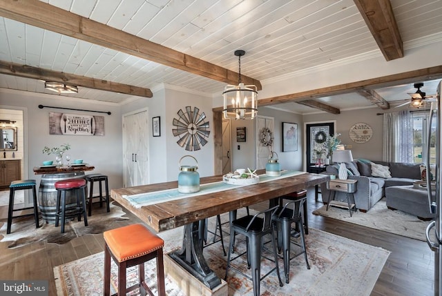 dining area featuring wooden ceiling, dark wood-style floors, ornamental molding, and beamed ceiling