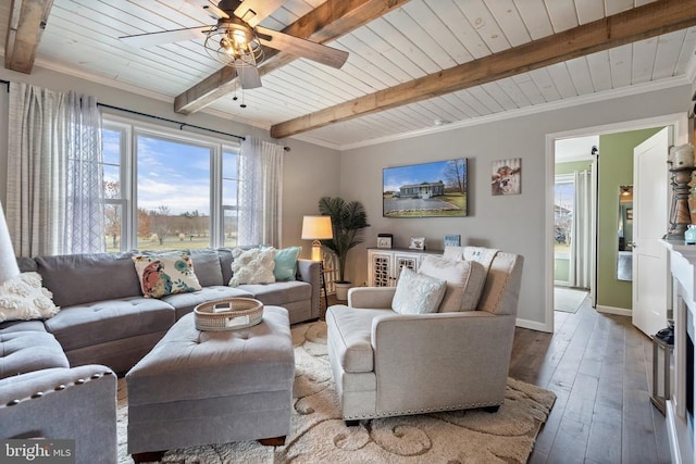 living area with wood-type flooring, a ceiling fan, wood ceiling, beamed ceiling, and baseboards