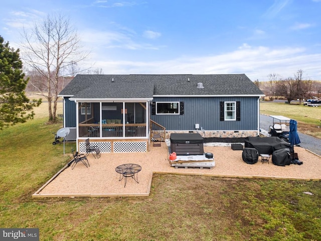 back of house with a patio, a fire pit, a sunroom, a yard, and crawl space