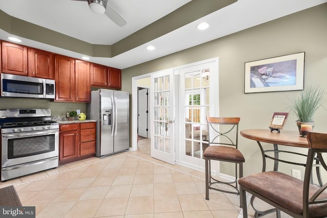 12006 Meadow Branch Way, Fredericksburg, VA 22407 - kitchen featuring appliances with stainless steel finishes, french doors, recessed lighting, a ceiling fan, and light tile patterned flooring