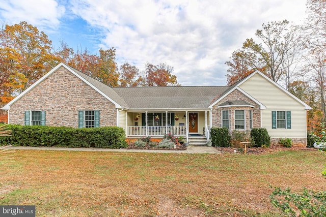 5519 Bazzanella Dr, Mineral, VA 23117 - single story home with stone siding, covered porch, and a front lawn