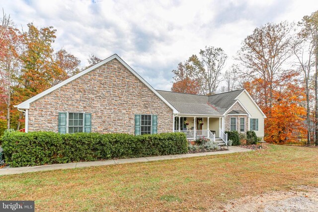 5519 Bazzanella Dr, Mineral, VA 23117 - view of front of house featuring a porch, stone siding, and a front yard