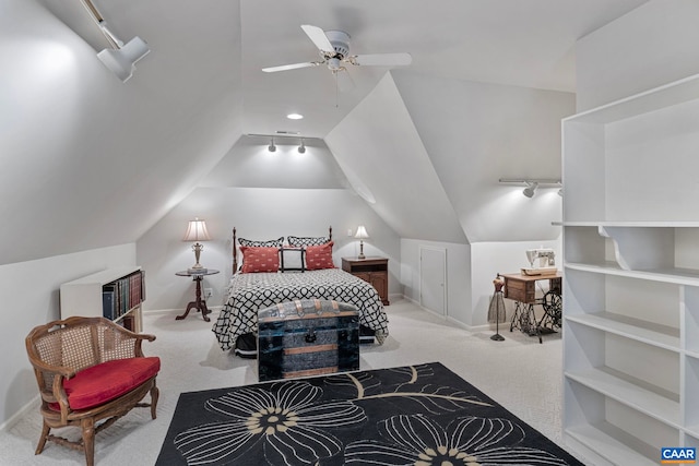 4267 Buck Island Rd, Charlottesville, VA 22902 - carpeted bedroom featuring rail lighting, lofted ceiling, baseboards, and ceiling fan
