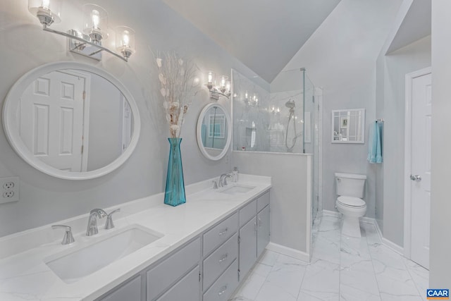 4267 Buck Island Rd, Charlottesville, VA 22902 - bathroom with double vanity, a shower with shower door, toilet, lofted ceiling, and marble look tiles