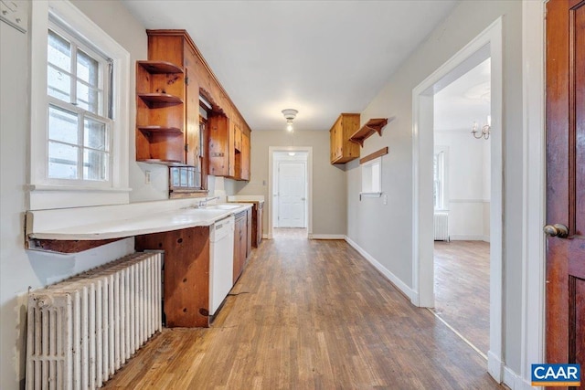 2420 James River Rd, Esmont, VA 22937 - kitchen with white dishwasher, radiator, open shelves, and light wood-style flooring