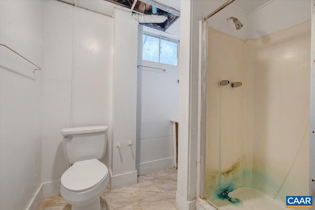 2420 James River Rd, Esmont, VA 22937 - bathroom with toilet, baseboards, a stall shower, and marble finish floor