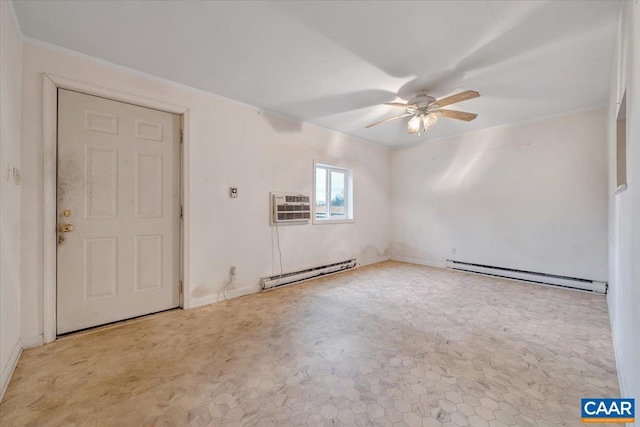 2420 James River Rd, Esmont, VA 22937 - carpeted empty room featuring a baseboard radiator, a wall unit AC, baseboards, and a ceiling fan