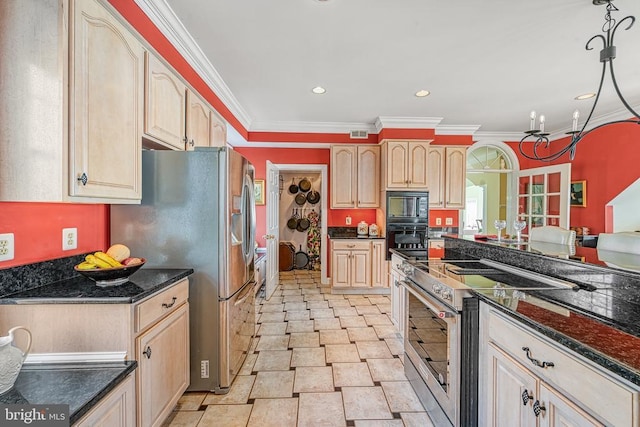 175 Covenant Way, Bumpass, VA 23024 - kitchen with black appliances, ornamental molding, light brown cabinetry, a chandelier, and recessed lighting