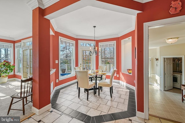 175 Covenant Way, Bumpass, VA 23024 - dining area featuring a chandelier, light tile patterned floors, and crown molding