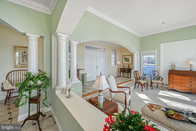 175 Covenant Way, Bumpass, VA 23024 - living room with arched walkways, crown molding, and ornate columns