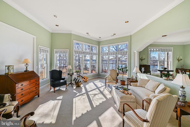 175 Covenant Way, Bumpass, VA 23024 - living room featuring arched walkways, carpet floors, decorative columns, recessed lighting, and ornamental molding