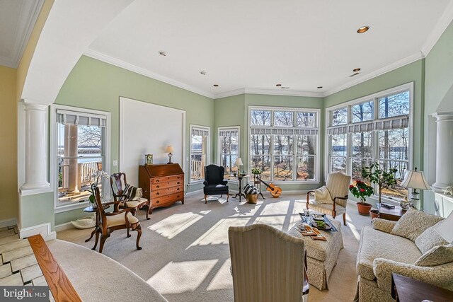 175 Covenant Way, Bumpass, VA 23024 - living room with decorative columns, healthy amount of natural light, recessed lighting, and ornamental molding