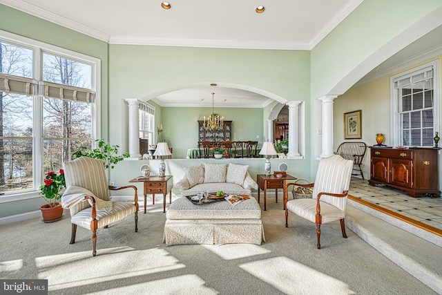 175 Covenant Way, Bumpass, VA 23024 - carpeted living room with decorative columns, arched walkways, healthy amount of natural light, crown molding, and recessed lighting