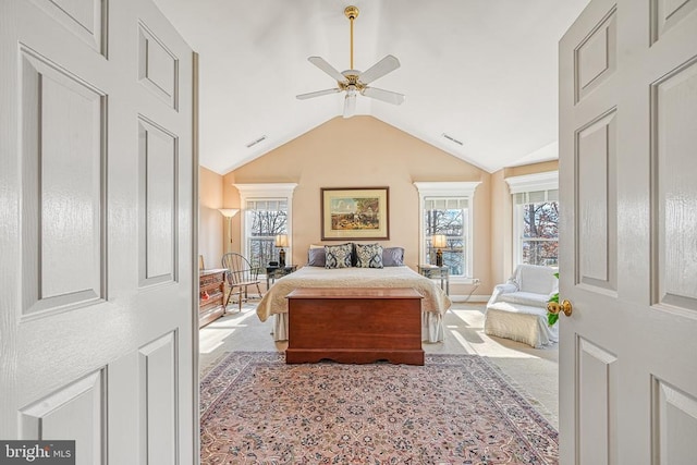 175 Covenant Way, Bumpass, VA 23024 - carpeted bedroom featuring multiple windows, lofted ceiling, and a ceiling fan