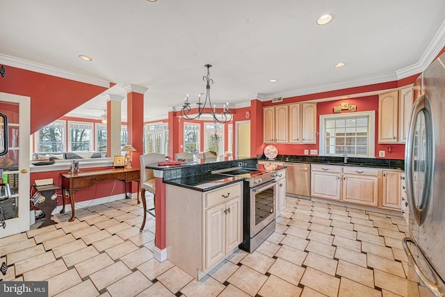 175 Covenant Way, Bumpass, VA 23024 - kitchen with stainless steel appliances, a kitchen breakfast bar, plenty of natural light, light brown cabinetry, and crown molding