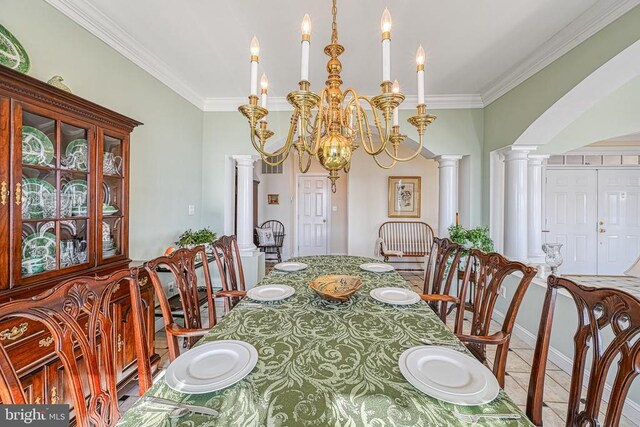175 Covenant Way, Bumpass, VA 23024 - tiled dining room featuring ornamental molding, ornate columns, and a chandelier