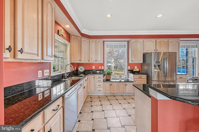 175 Covenant Way, Bumpass, VA 23024 - kitchen with appliances with stainless steel finishes, dark stone counters, light brown cabinetry, ornamental molding, and recessed lighting