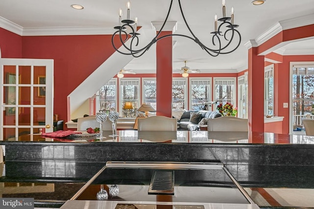 175 Covenant Way, Bumpass, VA 23024 - kitchen with a ceiling fan, crown molding, recessed lighting, open floor plan, and dark countertops