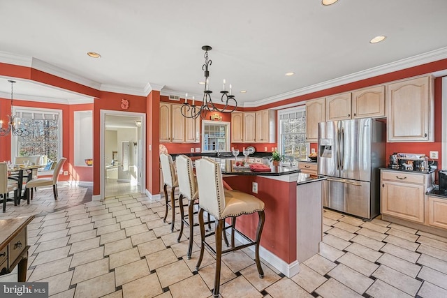 175 Covenant Way, Bumpass, VA 23024 - kitchen with stainless steel fridge, a chandelier, a breakfast bar, a center island, and recessed lighting