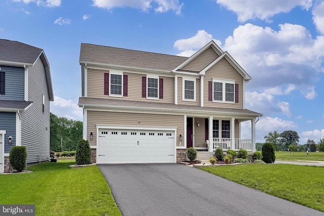 2020 Captain Dr, Fredericksburg, VA 22408 - traditional-style house featuring a porch, an attached garage, driveway, and a front yard