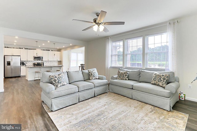 2020 Captain Dr, Fredericksburg, VA 22408 - living room featuring dark wood-style floors, a ceiling fan, recessed lighting, and baseboards