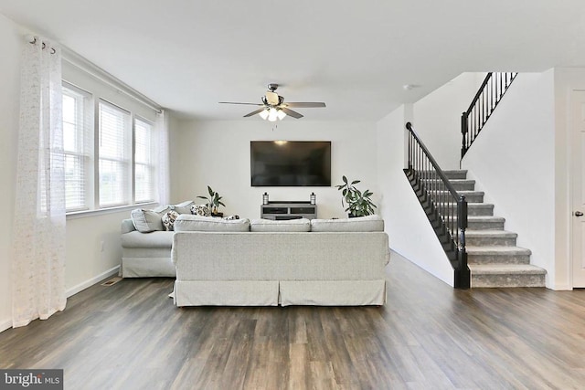 2020 Captain Dr, Fredericksburg, VA 22408 - living room with ceiling fan, stairs, dark wood-style floors, and baseboards