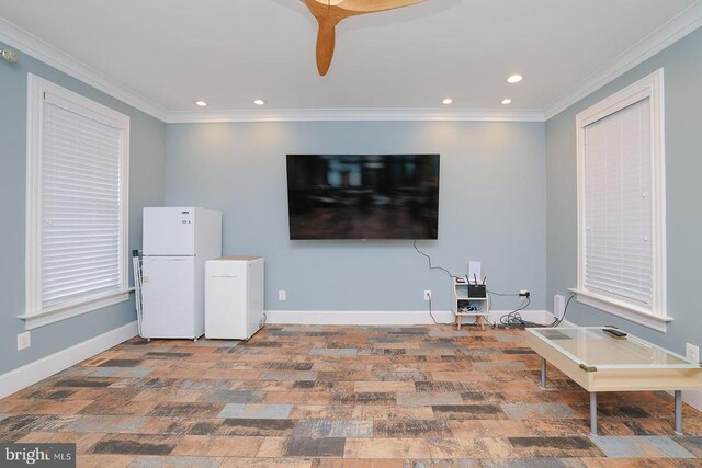  - living area with recessed lighting, baseboards, ceiling fan, ornamental molding, and wood finished floors