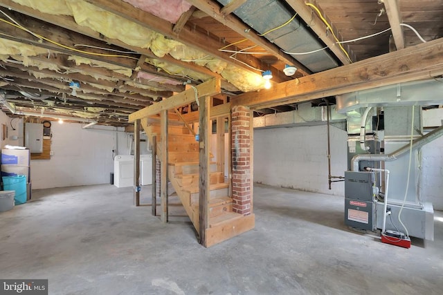 316 Wayland Rd, Culpeper, VA 22701 - unfinished basement with electric panel, stairs, washing machine and dryer, and heating unit