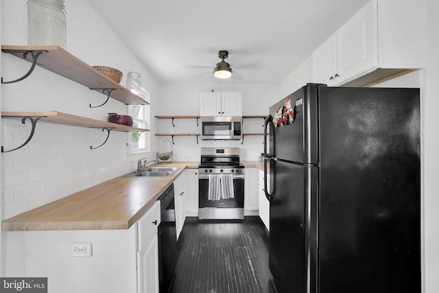 316 Wayland Rd, Culpeper, VA 22701 - kitchen featuring black appliances, open shelves, ceiling fan, dark wood-style flooring, and white cabinetry