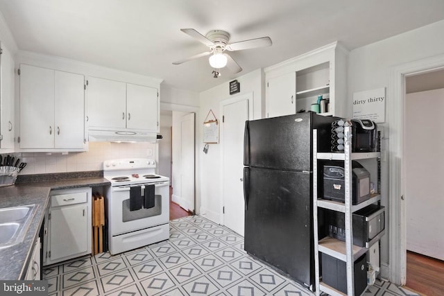 130 Morningside Dr, Culpeper, VA 22701 - kitchen with white range with electric stovetop, under cabinet range hood, a ceiling fan, white cabinets, and backsplash