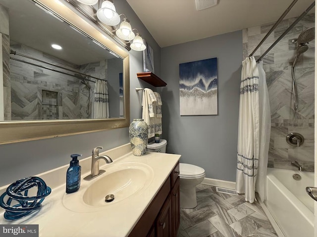 bathroom with vanity, baseboards, shower / tub combo, and toilet