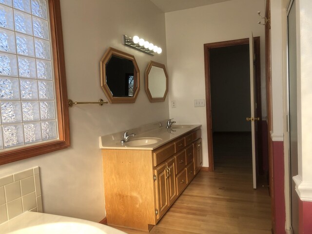 bathroom with vanity and hardwood / wood-style flooring