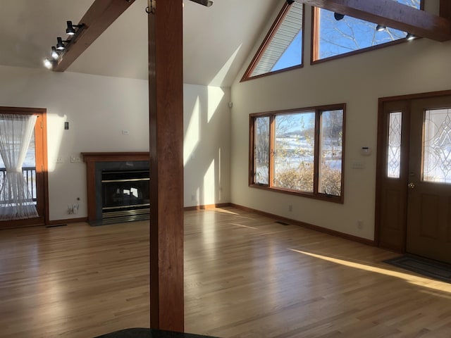 entrance foyer featuring hardwood / wood-style floors and high vaulted ceiling