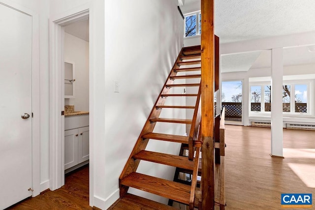 38 Firtree Dr, Wintergreen, VA 22967 - stairs featuring a baseboard radiator, a textured ceiling, wood finished floors, and baseboards
