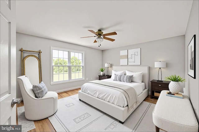  - bedroom with light wood-style floors, ceiling fan, and baseboards