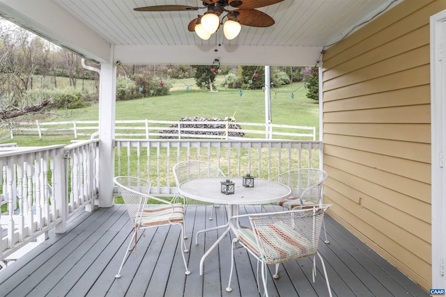 325 Union Run, Lexington, VA 24450 - wooden terrace with ceiling fan, outdoor dining area, and a yard
