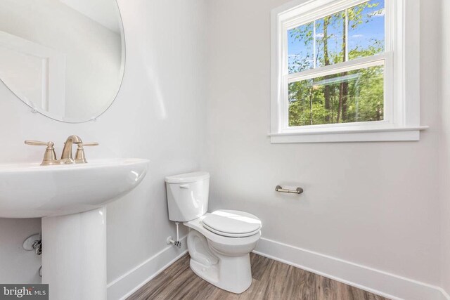 bathroom with baseboards, toilet, wood finished floors, and a sink